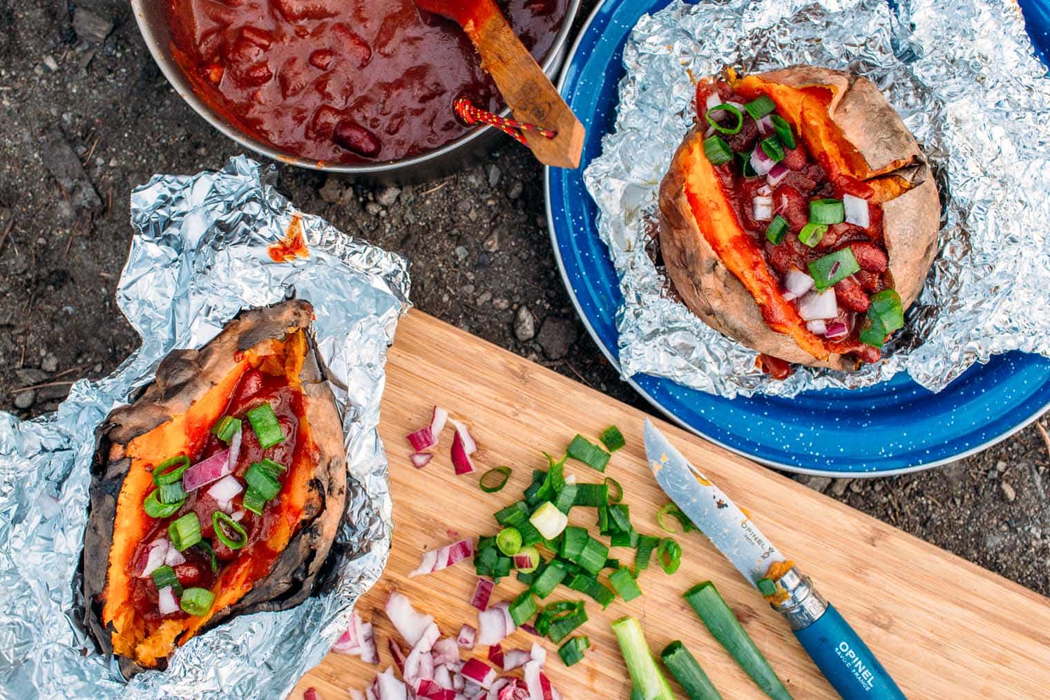 Campfire Baked Sweet Potatoes + Chili | Easy Foil-Wrapped Camping Recipes For Outdoor Meals