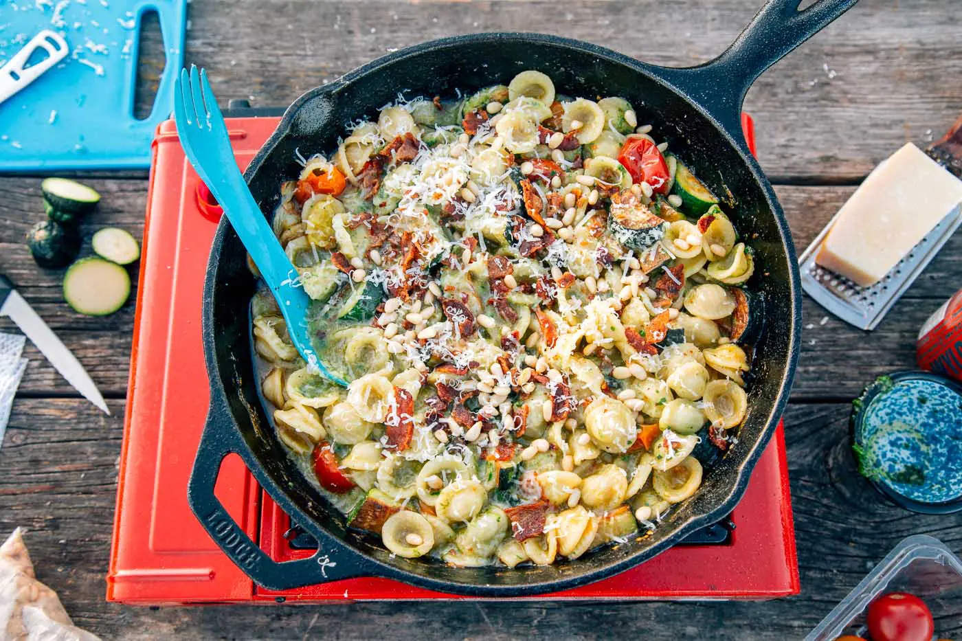 One Pot Pesto Pasta with Bacon - Camping Recipe by Fresh Off The Grid